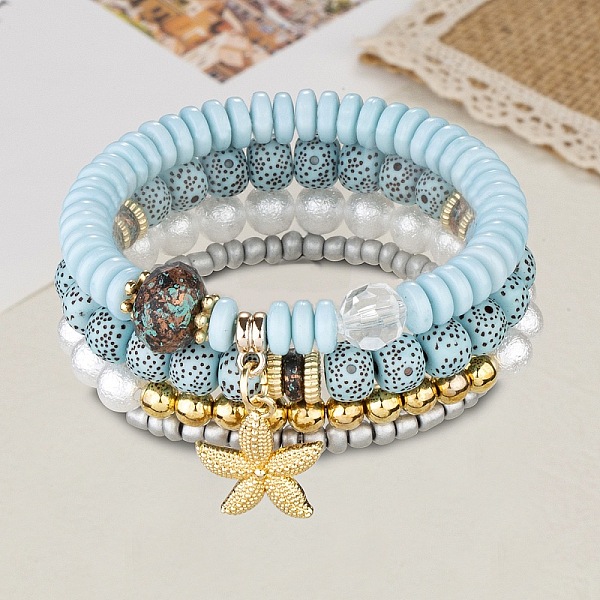 

PandaHall 4Pcs 4 Styles Synthetic Moonstone & Pearl Stretch Bracelets Set, Bodhi Stackable Bracelets with Starfish Charms Moonstone Starfish..., Multicolor