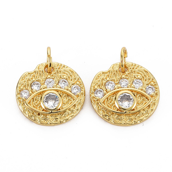 

PandaHall Brass Micro Pave Cubic Zirconia Charms, with Jump Rings, Nickel Free, Flat Round with Eye, Real 16K Gold Plated, 13.5x14x2.5mm..., Clear