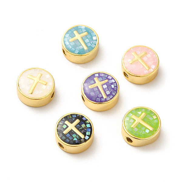 

PandaHall Rack Plating Brass Enamel Beads, with Shell Chips, Long-lasting Plated, Cadmium Free & Lead Free,Flat Round with Cross, Golden..., Multicolor