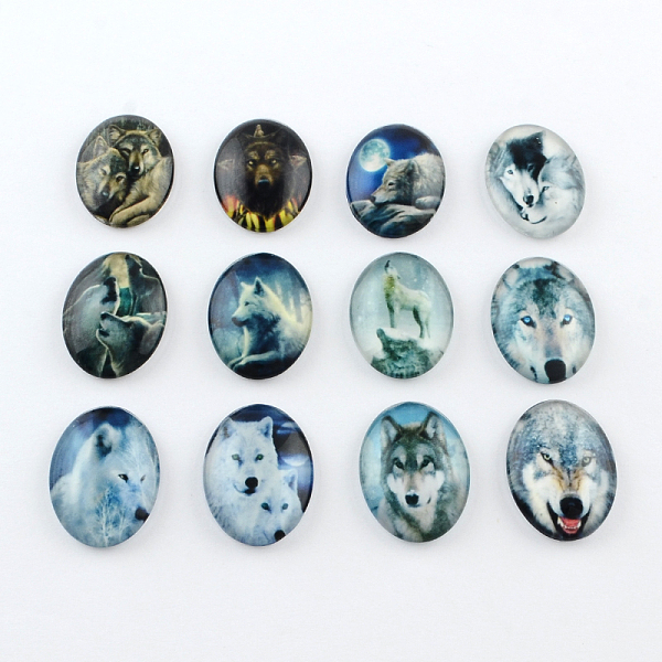 

PandaHall Wolf Pattern Glass Oval Flatback Cabochons for DIY Projects, Mixed Color, 25x18x5mm Glass Oval Multicolor