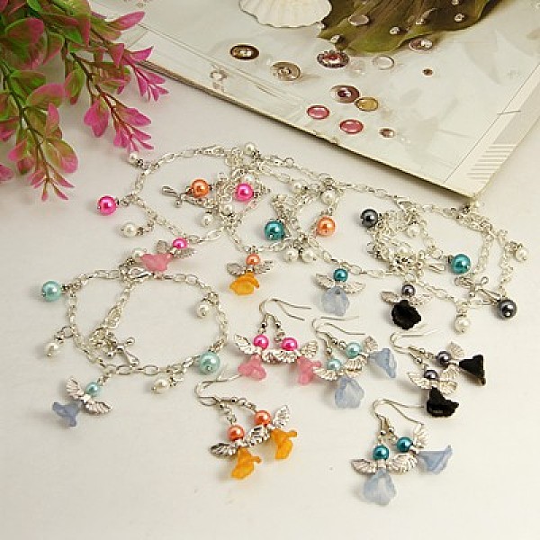 

PandaHall Lovely Wedding Dress Angel Jewelry Sets: Earrings & Bracelets, Mixed Color, Bracelets: about 270mm long, Earrings: about 40mm long..., Multicolor