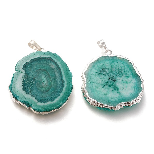 

PandaHall Dyed Natural Druzy Solar Quartz Crystal Pendants, Edge Plated, with Brass Bails, Sunflower, Silver, Green, 40~50x30~45x5~6mm, Hole...