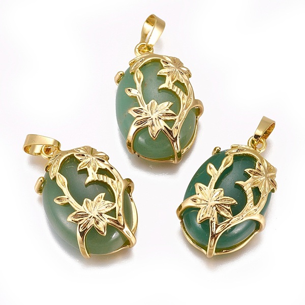 PandaHall Natural Green Aventurine Pendants, with Golden Tone Brass Findings, Oval with Flower, 32x20x9mm, Hole: 5x8mm Green Aventurine Oval