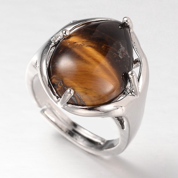 

PandaHall Teardrop Platinum Tone Brass Gemstone Adjustable Wide Band Rings, Tibetan Agate, 18mm, Tray: 20x17mm Tiger Eye