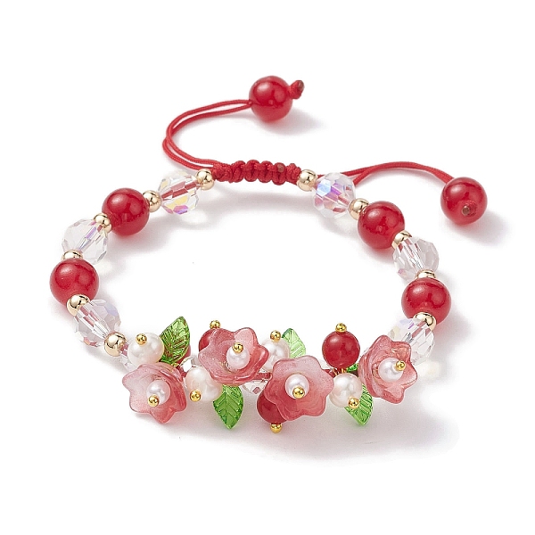 

PandaHall Flower Glass & Acrylic Braided Bead Adjustable Bracelets for Women, Crimson, Inner Diameter: 2~3 inch(5~7.5cm) Glass Flower Pink