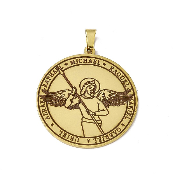 

PandaHall 304 Stainless Steel Pendants, Flat Round with Angel Charm, Golden, 38x35x1.5mm, Hole: 7.5x4mm 304 Stainless Steel Flat Round