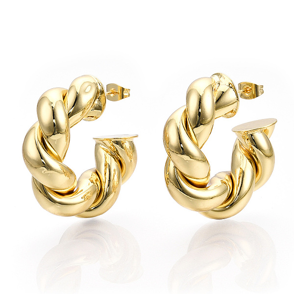 

PandaHall Brass Twist Round Stud Earrings, Half Hoop Earrings for Women, Real 18K Gold Plated, 34x35x11mm, Pin: 0.8mm Brass Round