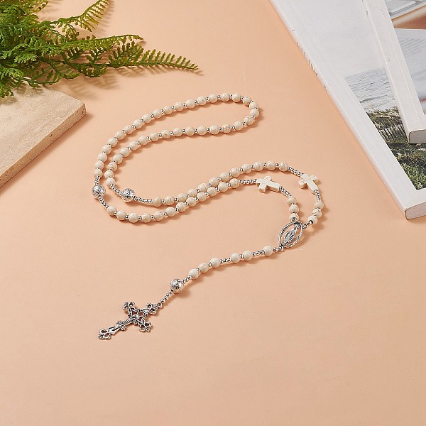 

PandaHall Natural Lava Rock & Synthetic Turquoise Rosary Bead Necklace, Alloy Cross with Virgin Mary Pendant Necklace for Women, Antique...
