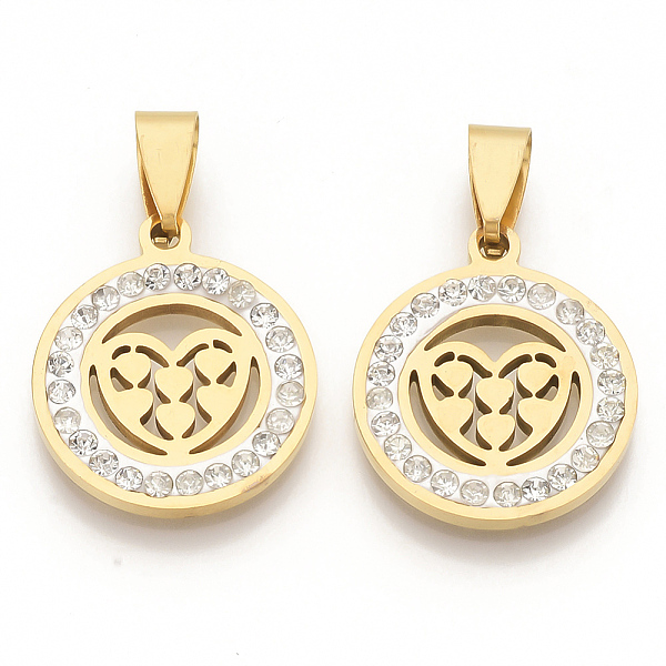 

PandaHall 201 Stainless Steel Pendants, with Random Size Snap On Bails and Polymer Clay Crystal Rhinestones, Flat Round with Heart, Golden..., Clear