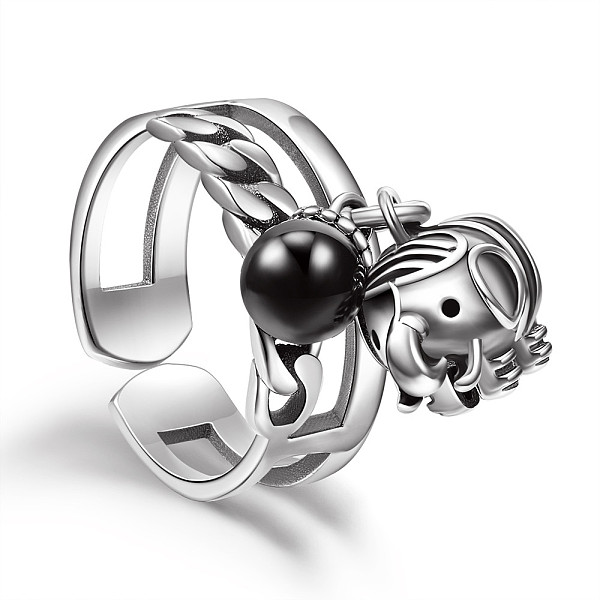PandaHall SHEGRACE 925 Thai Sterling Silver Finger Rings, Wide Band Cuff Rings, Open Rings, with Enamel and Elephant Charms, Antique Silver...