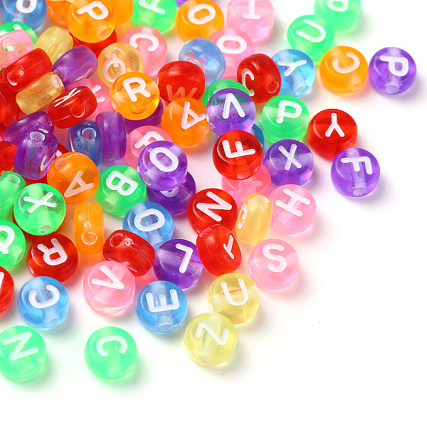 

PandaHall Transparent Mixed Color Acrylic Beads, Horizontal Hole, Mixed Letters, Flat Round with White Letter, 7x4mm, Hole: 1.5mm..., Multicolor