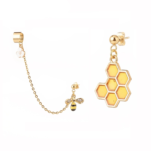 

PandaHall Bee and Honeycomb Alloy Asymmetrical Earrings with Enamel, 304 Stainless Steel Stud Earrings with Dangle Chain Ear Cuff Crawler...
