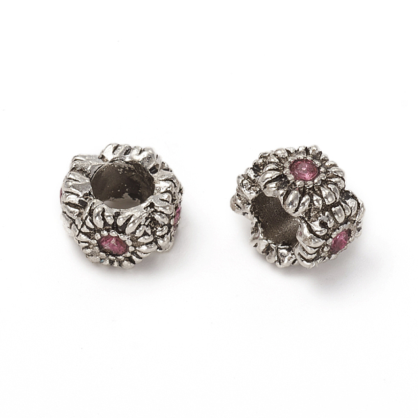 

PandaHall Antique Silver Plated Alloy European Beads, Large Hole Beads, with Rhinestone, Rondelle, Rose, 9~10x6.5mm, Hole: 4.5mm..., Pink