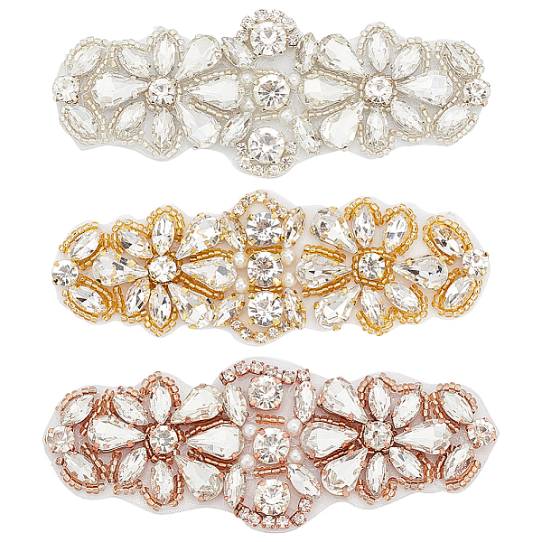 PandaHall 3Pcs 3 Colors Hotfix Rhinestone, Glass Crystal Rhinestone Applques, for Bridal Dress, Sash, Belt, Flower Pattern, Mixed Color...