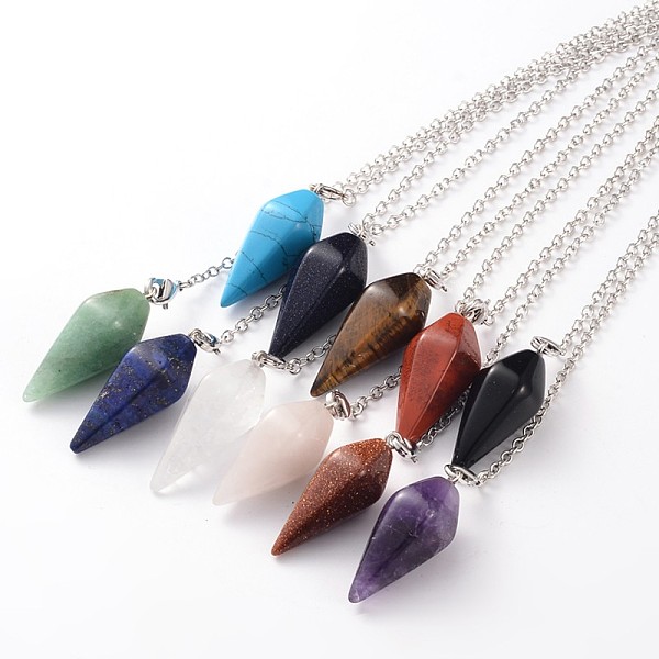 

PandaHall Platinum Tone Brass Natural & Synthetic Mixed Stone Cone Hexagonal Pointed Dowsing Pendulums, with Lobster Claw Clasps, 220x3mm...