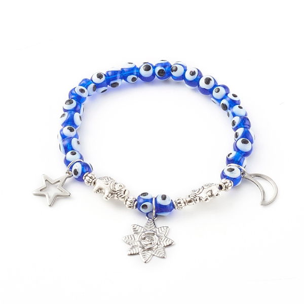 

PandaHall 304 Stainless Steel Charm Bracelets, with Evil Eye Lampwork Beads and Alloy Beads, Flower & Star & Moon, Blue, Antique Silver...