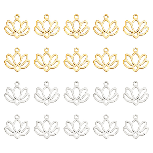 

PandaHall DELORIGIN 20Pcs 2 Colors 304 Stainless Steel Charms, Lotus Charm, Golden & Stainless Steel Color, 10.5x11x1mm, Hole: 1.2mm...