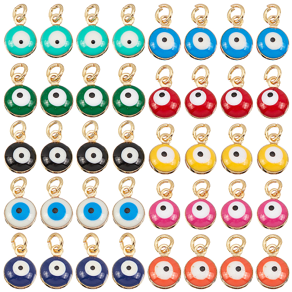 PandaHall 40Pcs 10 Colors Real 18K Gold Plated Plated Brass Enamel Beads, Long-Lasting Plated, with Jump Ring, Evil Eye, Mixed Color...