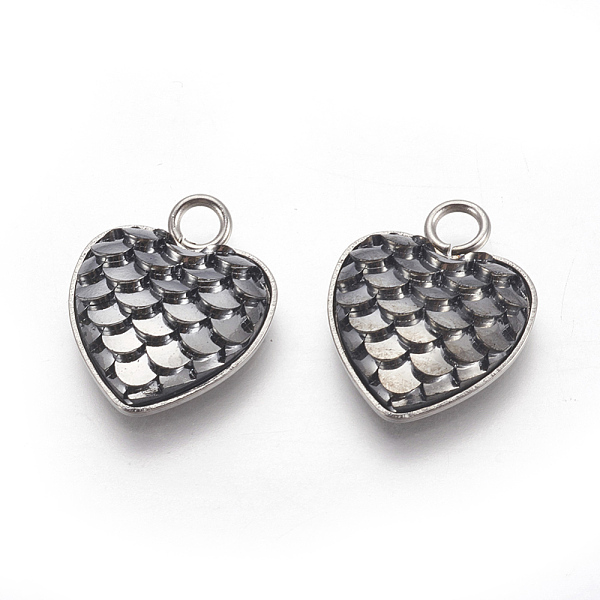 

PandaHall 304 Stainless Steel Pendants, with Resin, Heart with Fish Scale Shape, Stainless Steel Color, Dark Gray, 16x13x3.5mm, Hole: 2mm...