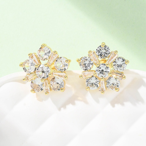 Boucles d'oreilles puces en laiton serties de micro-pavés de zirconiums cubiques en forme de fleur pour femmes