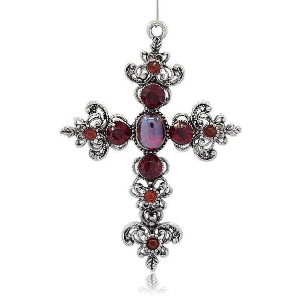 

PandaHall Antique Silver Alloy Latin Cross Pendants, with Resin Rhinestone, Dark Red, 74x53x8mm, Hole: 3mm Alloy+Resin Cross Red