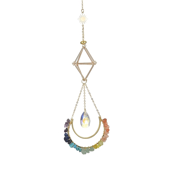 

PandaHall Wire Wrapped Gemstone Chip & Brass Moon Pendant Decorations, Glass Teardrop and Brass Empty Stone Holder Pouch Charm, 300mm, Hole...