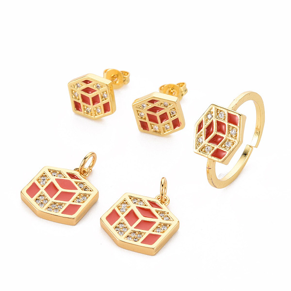 

PandaHall Brass Micro Pave Cubic Zirconia Pendants & Stud Earrings & Cuff Rings Jewelry Sets, Cadmium Free & Nickel Free & Lead Free, with..., Red
