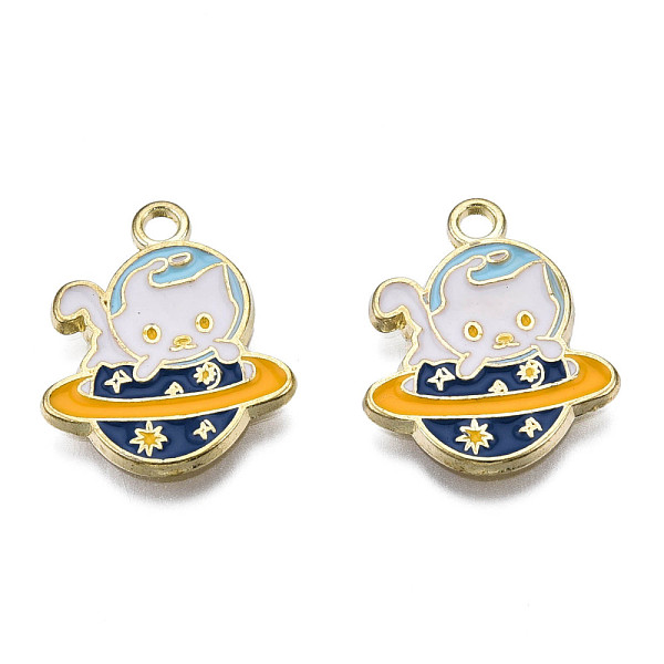 

PandaHall Alloy Enamel Pendants, Cadmium Free & Lead Free, Light Gold, Space Cat with Planet, Prussian Blue, 19.5x16x1mm, Hole: 1.8mm...