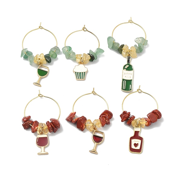 

PandaHall Wine Glass/Cupcake/Winebottle Alloy Enamel Wine Glass Charms, with Brass Wine Glass Charm Rings and Natural Gemstone Chip, Mixed...