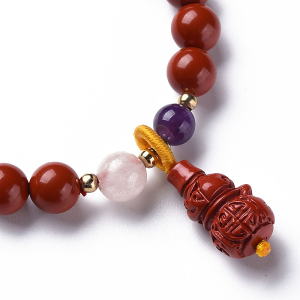 

PandaHall Gourd Cinnabar Mala Bead Bracelets, with Round Amethyst & Rose Quartz Beads, Buddhist Jewelry, Stretch Bracelets, Red, Inner...