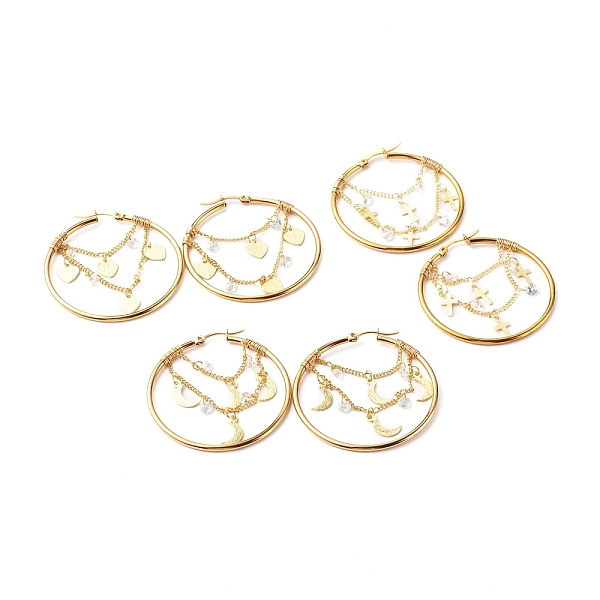 

PandaHall Brass Hoop Earrings, with Curb Chain & Cubic Zirconia Beads & Charms, 304 Stainless Steel Ear Pin, Ring, Mixed Shape, Golden...