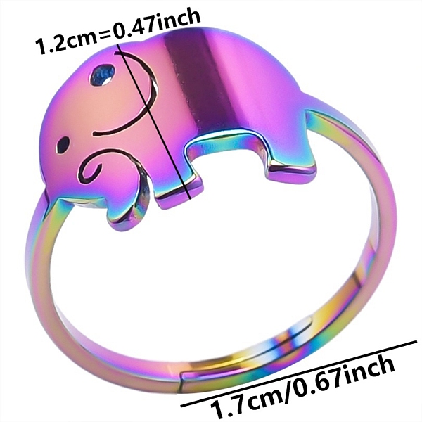 

PandaHall 304 Stainless Steel Elephant Adjustable Ring, Rainbow Color, Inner Diameter: 17mm 304 Stainless Steel Elephant