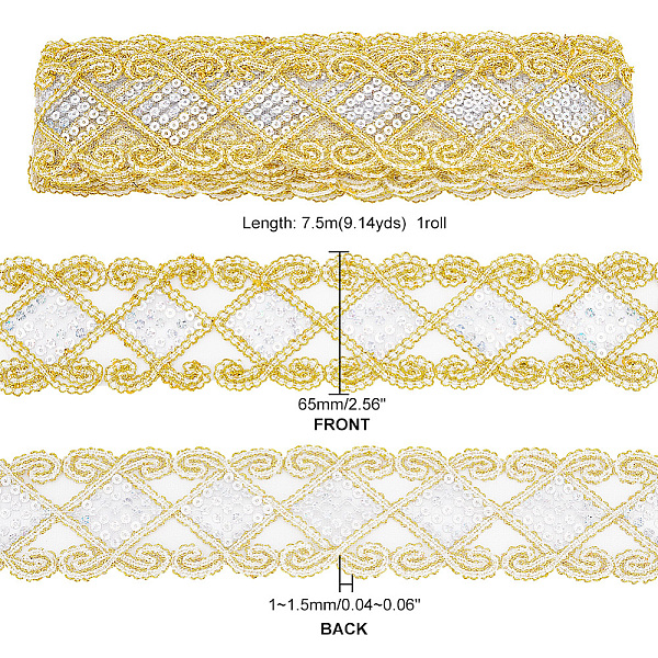 

PandaHall PH 10 Yards Lace Trim 2-1/2 inch Wide Lace Ribbons Rhombus Silver Lace with Plastic Sequins Embroidery Lace Trim for Gift...