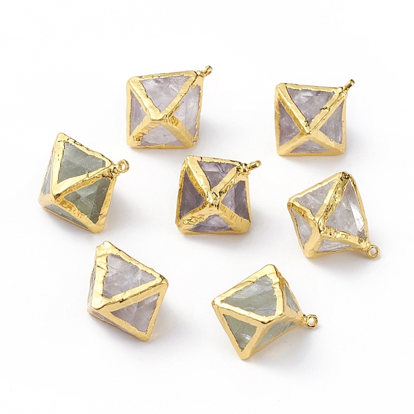 

PandaHall Natural Fluorite Pendants, with Golden Plated Brass Findings, Bicone, 21~26x17~24x16~22.5mm, Hole: 1.4mm Fluorite Bicone