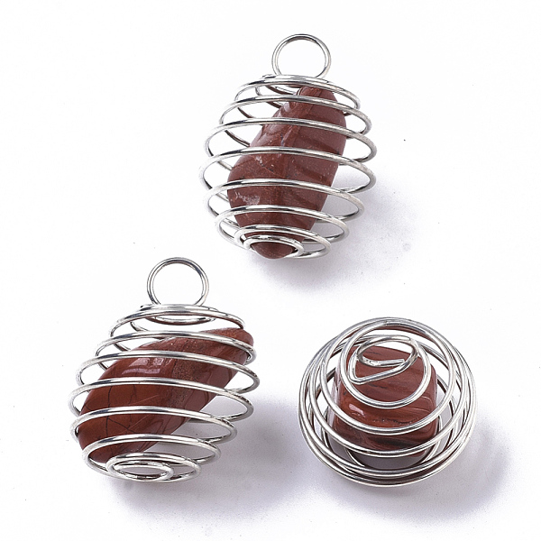 

PandaHall Iron Wrap-around Spiral Bead Cage Pendants, with Natural Red Jasper Beads inside, Round, Platinum, 21x24~26mm, Hole: 5mm Red...