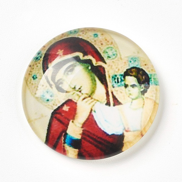 

PandaHall Glass Cabochons, Half Round/Dome with Virgin and Child, Colorful, 25x6~6.5mm Glass Human