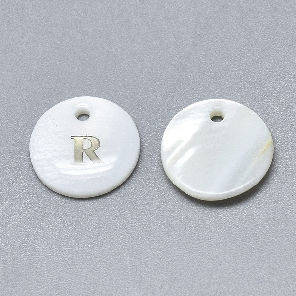 

PandaHall Natural White Shell Mother of Pearl Shell Charms, with Iron Sticker, Flat Round with Letter, Letter.R, 13x2mm, Hole: 1.5mm White...