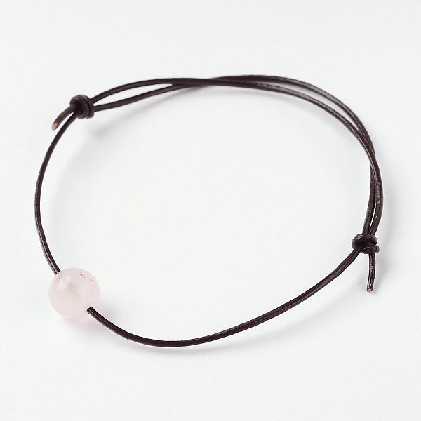 

PandaHall Adjustable Cowhide Leather Cord Bracelets, with Natural Rose Quartz Round Beads, 60mm Rose Quartz