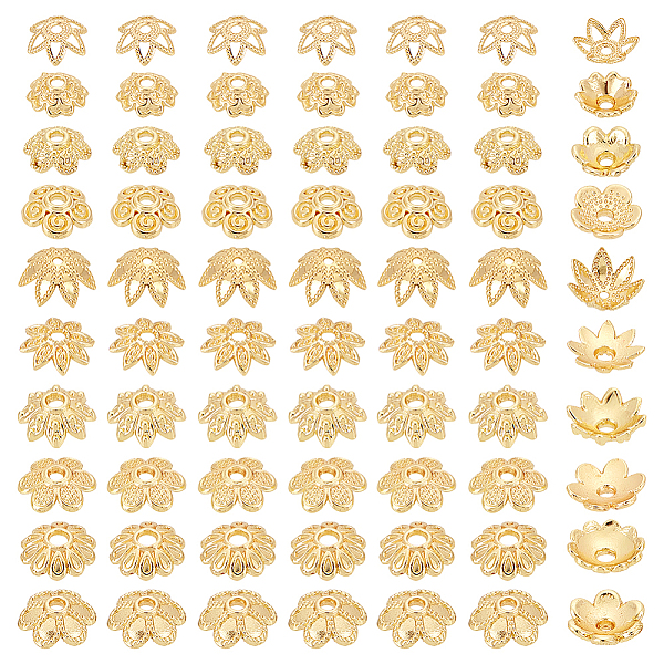 

PandaHall 100Pcs 10 Styles Brass Bead Caps, Flower, Golden, 7~8.5x7~8.5x2~3.5mm, Hole: 1~1.8mm, 10pcs/style Brass