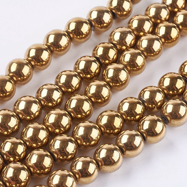 PandaHall Non-magnetic Synthetic Hematite Beads Strands, Grade A, Round, Golden Plated, 10mm, Hole: 1.5mm, about 40~42pcs/strand...