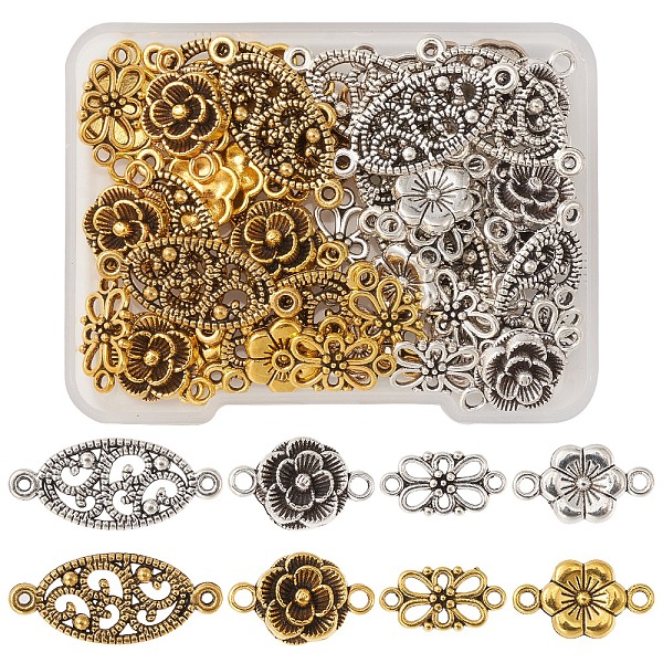 PandaHall 48Pcs 8 Style Tibetan Style Alloy Connector Charms, Oval/Flower/Bowknot, Antique Silver & Antique Golden, 12~27x8~12x1.5~3.5mm...