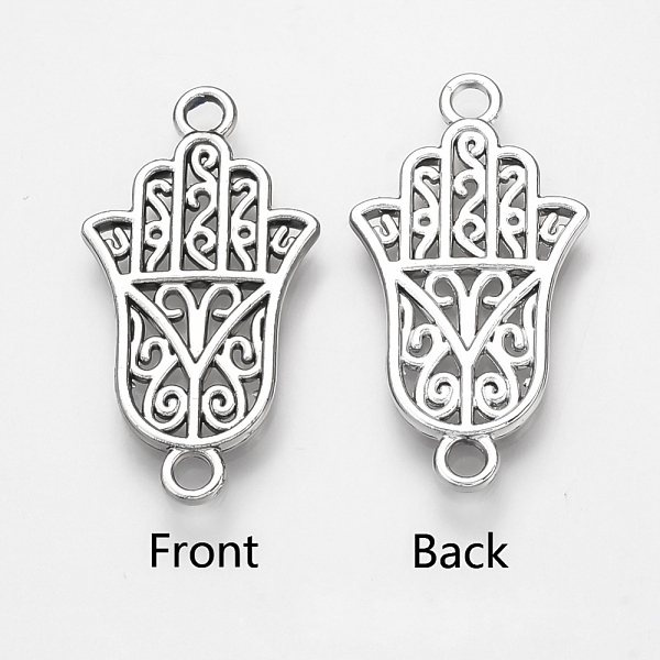 

PandaHall Alloy Links connectors, Hamsa Hand/Hand of Fatima/Hand of Miriam, Platinum, 28x15x2mm, Hole: 2mm Alloy Palm