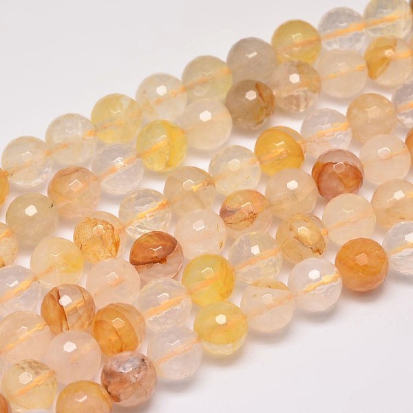 PandaHall Faceted Natural Yellow Hematoid Quartz Round Beads Strands, Ferruginous Quartz, 8mm, Hole: 1mm, about 47pcs/strand, 15 inch...