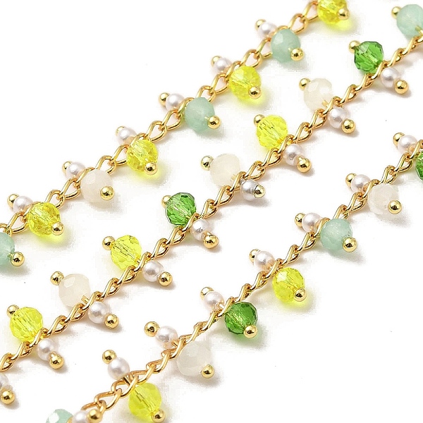 

PandaHall Handmade Brass Link Chain, with Glass Beads and ABS Beads, Soldered, with Spool, Real 18K Gold Plated, Colorful, 3x2x0.2mm and...