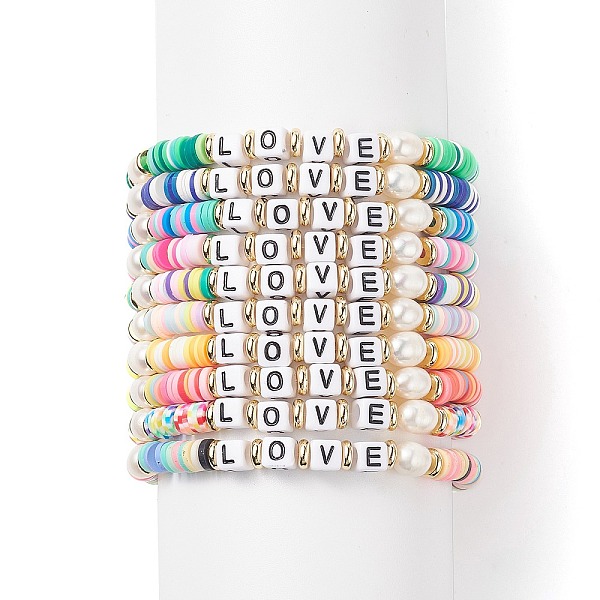 

PandaHall 10Pcs 10 Color Handmade Polymer Clay Disc Surfer Stretch Bracelets Set, Natural Pearl & Acrylic Word Love Stackable Preppy..., Multicolor