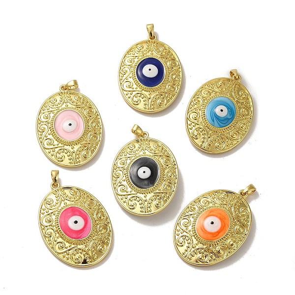 

PandaHall Rack Plating Brass Pendants, with Enamel, Long-Lasting Plated, Lead Free & Cadmium Free, Real 18K Gold Plated, Oval with Evil Eyes..., Multicolor