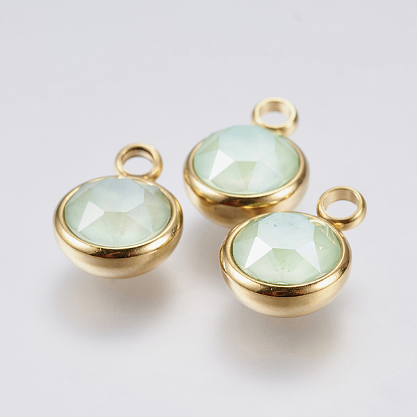 

PandaHall K9 Glass Pendants, with 304 Stainless Steel Findings, Ion Plating (IP), Faceted, Flat Round, Golden, Light Green, 13.5x10x6mm...