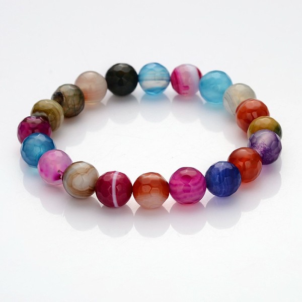 

PandaHall Faceted Natural Agate Round Beads Kids Stretch Bracelets, with Korean Elastic Crystal Thread, Colorful, 43mm Natural Agate