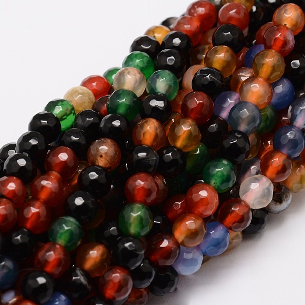 

PandaHall Faceted Natural Agate Round Beads Strands, Dyed, Colorful, 6mm, Hole: 1mm, about 64pcs/strand, 14.7 inch Multi-Color Agate Round