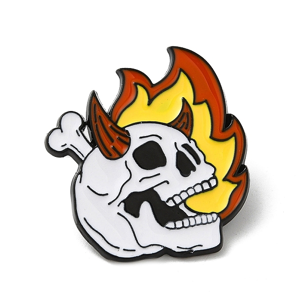 PandaHall Fire Theme Enamel Pins, Black Alloy Brooches for Backpack Clothes, Skull, 28.5x26.5x1.5mm Alloy+Enamel Skull Gold